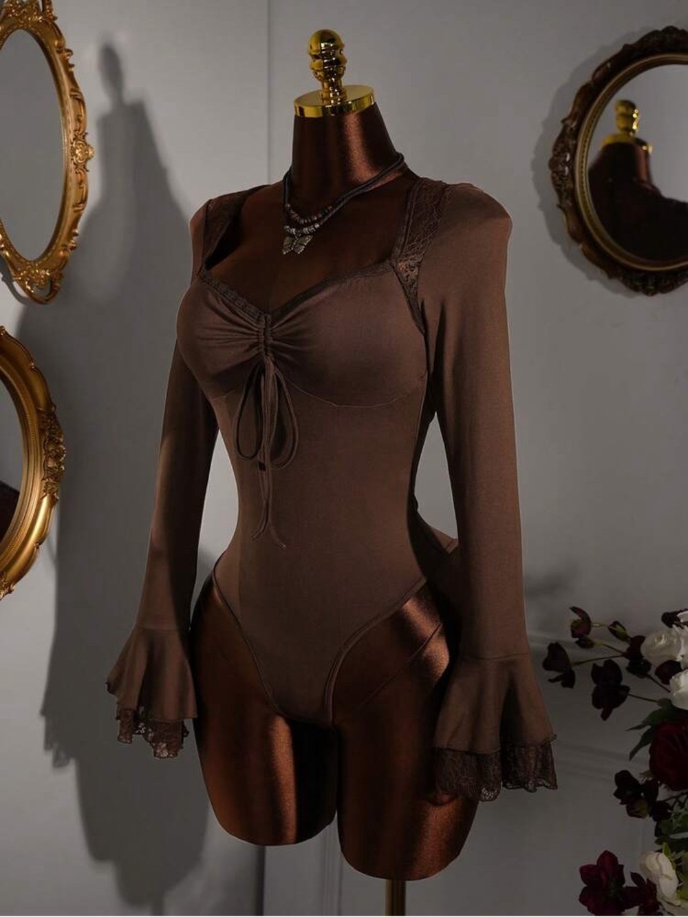 SHEIN Women’s Brown Solid One Piece Bodysuit Lace Trim Tie Front Stretch M